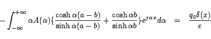 \begin{eqnarray*}
-\int_{-\infty}^{+\infty} \alpha A(\alpha)
\{\frac{\cosh\alp...
...}\}
e^{j\alpha x}d\alpha
&=& \frac{q_0\delta(x)}{\varepsilon }
\end{eqnarray*}