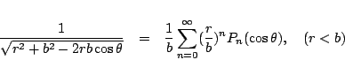 \begin{eqnarray*}
\frac{1}{\sqrt{r^2+b^2-2rb\cos\theta}}
&=&
\frac{1}{b}\sum_{n=0}^{\infty}
(\frac{r}{b})^n P_n(\cos\theta),
\quad(r<b)
\end{eqnarray*}