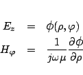 \begin{eqnarray*}
E_z &=& \mbox{\large$\phi$}(\rho,\varphi )\\
H_\varphi &=& ...
...1}{j\omega\mu}\frac{\partial \mbox{\large$\phi$}}{\partial \rho}
\end{eqnarray*}