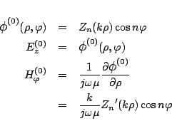 \begin{eqnarray*}
\mbox{\large$\phi$}^{\mbox{\scriptsize {(0)}}}(\rho,\varphi )...
...l \rho}
\\
&=& \frac{k}{j\omega\mu}{Z_n}'(k\rho)\cos n\varphi
\end{eqnarray*}