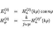 \begin{eqnarray*}
E_z^{\mbox{\scriptsize {(0)}}} &=& H_{n}^{(2)}(k\rho)\cos n\v...
...riptsize {(0)}}}
&=&
\frac{k}{j\omega\mu}{H_{n}^{(2)}}'(k\rho)
\end{eqnarray*}