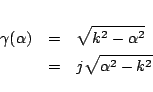 \begin{eqnarray*}
\gamma(\alpha)
&=& \sqrt{k^2-\alpha^2}\\
&=& j\sqrt{\alpha^2-k^2}
\end{eqnarray*}