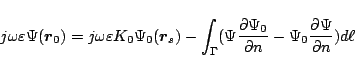\begin{displaymath}
j\omega\varepsilon \Psi(\mbox{\boldmath${r}$}_0)
=
j\omeg...
...\partial{n}} - \Psi_0\frac{\partial{\Psi}}{\partial{n}}) d\ell
\end{displaymath}
