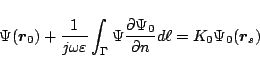 \begin{displaymath}
\Psi(\mbox{\boldmath${r}$}_0)
+\frac{1}{j\omega\varepsilon...
...i_0}}{\partial{n}}d\ell
= K_0 \Psi_0(\mbox{\boldmath${r}$}_s)
\end{displaymath}