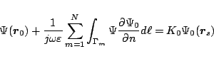 \begin{displaymath}
\Psi(\mbox{\boldmath${r}$}_0)
+\frac{1}{j\omega\varepsilon...
...i_0}}{\partial{n}}d\ell
= K_0 \Psi_0(\mbox{\boldmath${r}$}_s)
\end{displaymath}