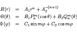 \begin{displaymath}
\begin{array}{rcl}
R(r) &=&
A_1 r^n + A_2 ^{-(n+1)}\\
\T...
...\varphi ) &=&
C_1\sin m\varphi + C_2\cos m\varphi
\end{array}\end{displaymath}