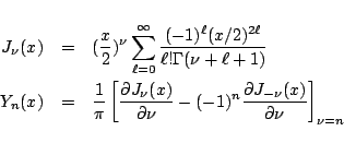 \begin{eqnarray*}
J_\nu(x)
&=& (\frac{x}{2})^\nu \sum_{\ell=0}^{\infty}
\frac...
...(-1)^n\frac{\partial J_{-\nu}(x)}{\partial \nu}
\right]_{\nu=n}
\end{eqnarray*}