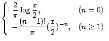 $\displaystyle \left\{
\begin{array}{ll}
\displaystyle{
\frac{2}{\pi}\log\frac{x...
...splaystyle{
-\frac{(n-1)!}{\pi}(\frac{x}{2})^{-n}
},&(n\ge1)
\end{array}\right.$