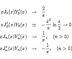 \begin{eqnarray*}
xJ_0(x)Y'_0(x) &\to& \frac{2}{\pi}\\
xJ'_0(x)Y_0(x) &\simeq...
...i},\quad(n>0)\\
xJ'_n(x)Y_n(x) &\to& -\frac{1}{\pi},\quad(n>0)
\end{eqnarray*}