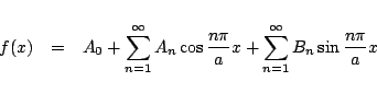 \begin{eqnarray*}
f(x) &=& A_0 + \sum_{n=1}^{\infty} A_n \cos\frac{n\pi}{a}x
+\sum_{n=1}^{\infty} B_n \sin\frac{n\pi}{a}x
\end{eqnarray*}