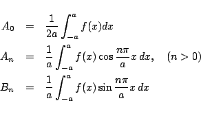 \begin{eqnarray*}
A_0 &=& \frac{1}{2a}\int_{-a}^{a}f(x)dx\\
A_n &=& \frac{1}{...
...\\
B_n &=& \frac{1}{a}\int_{-a}^{a}f(x)\sin\frac{n\pi}{a}x\,dx
\end{eqnarray*}