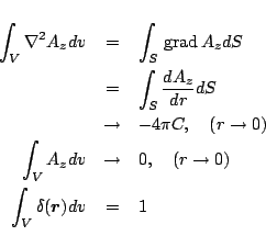 \begin{eqnarray*}
\int_V\nabla^2A_z dv
&=&
\int_S \,\mbox{grad}\,A_z dS\\
&=&...
...,\quad(r\to0)\\
\int_V \delta(\mbox{\boldmath${r}$})dv
&=&
1
\end{eqnarray*}